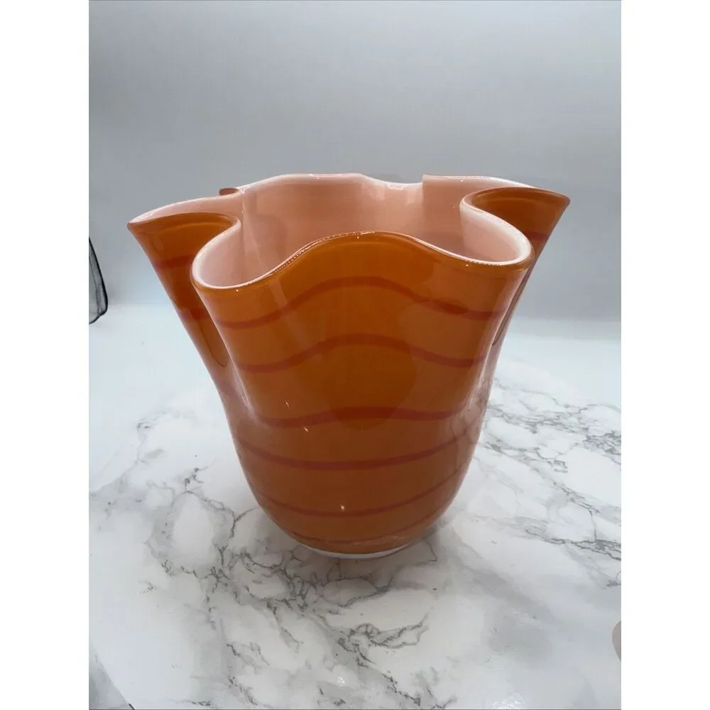 Vintage Handkerchief Vase Art Glass Cased Round 2 Tone Orange Stripes 7”H